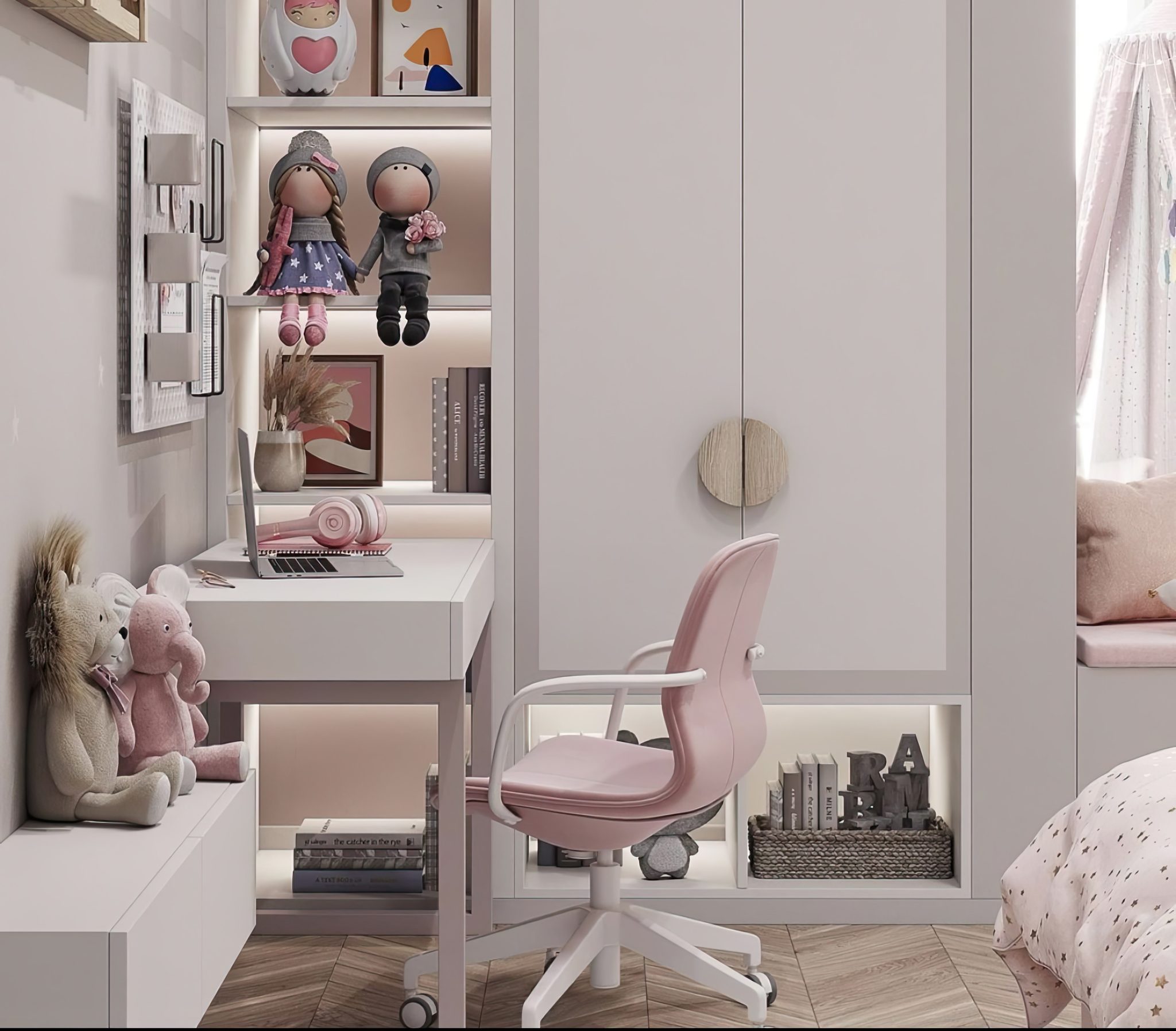 Chambre avec bureau et chaise et rangements en hauteur