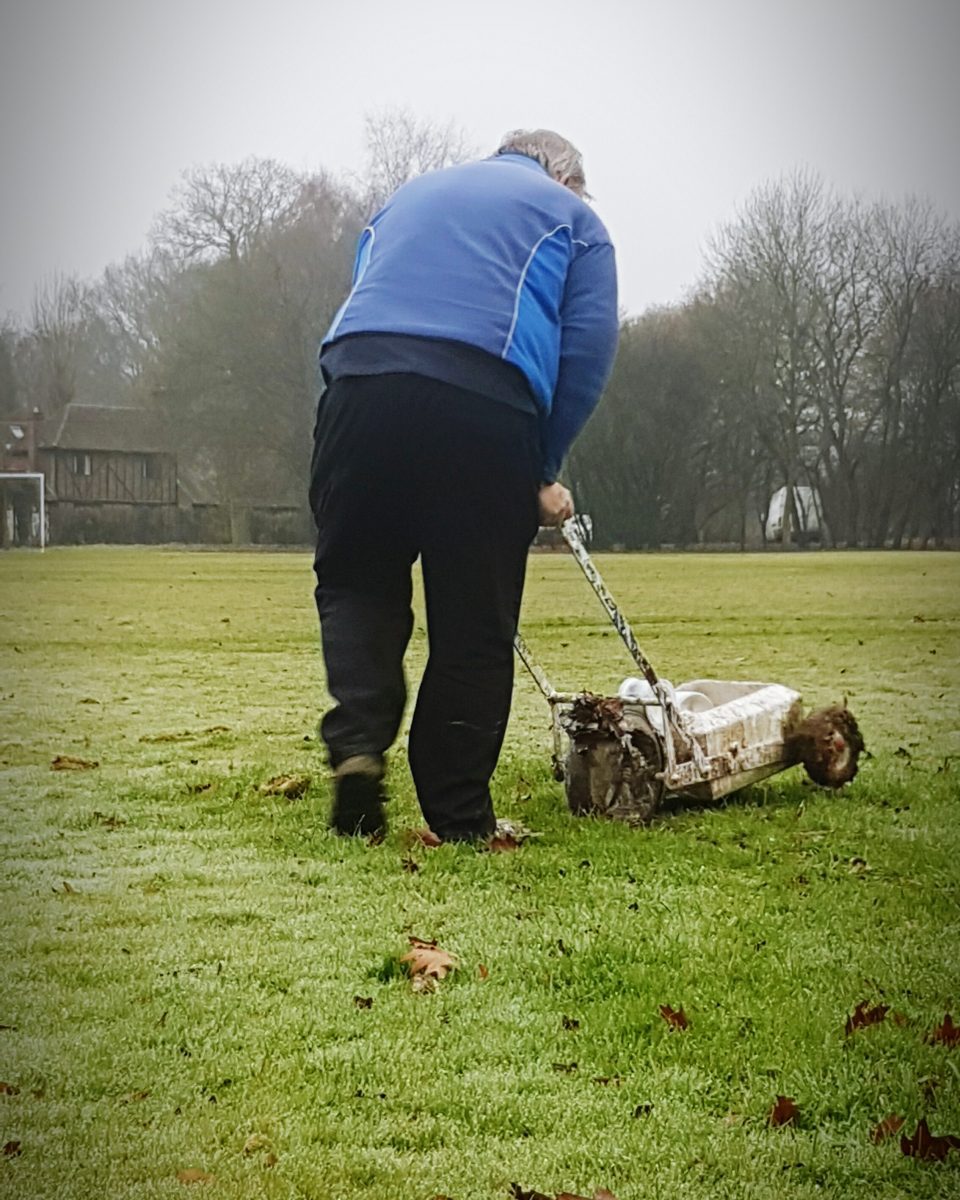 Homme tondant la pelouse dans un champ verdoyant