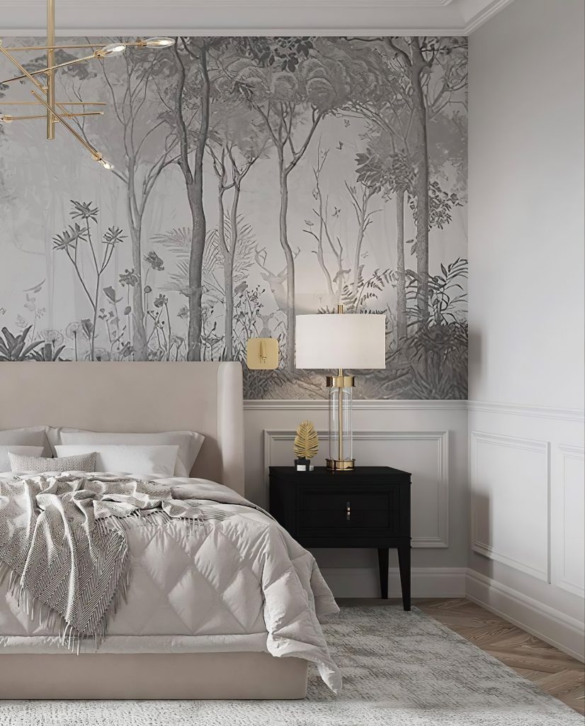 Chambre moderne avec papier peint représentant des arbres, créant une ambiance naturelle et apaisante.
