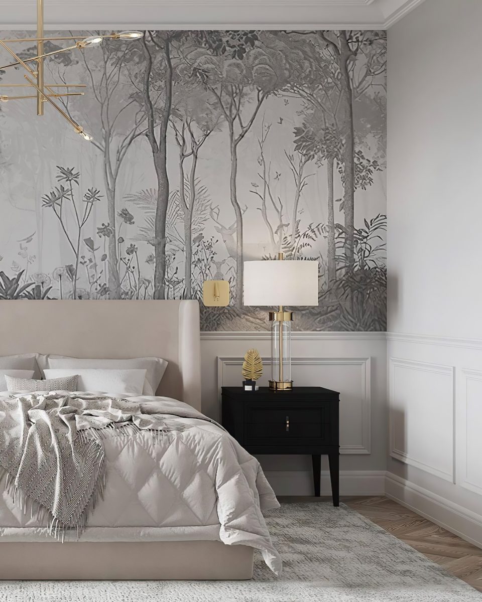 Chambre moderne avec papier peint représentant des arbres, créant une ambiance naturelle et apaisante.