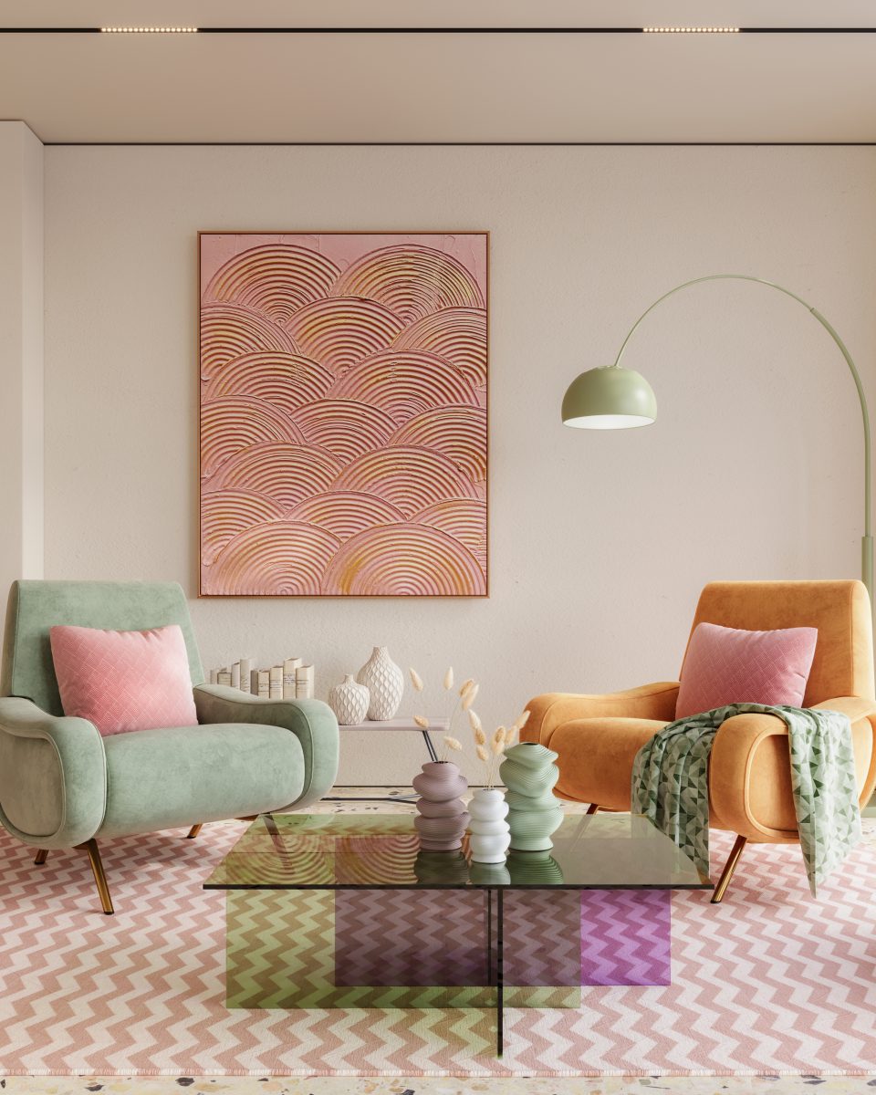 Intérieur de salon coloré et vibrant avec des meubles cosy.